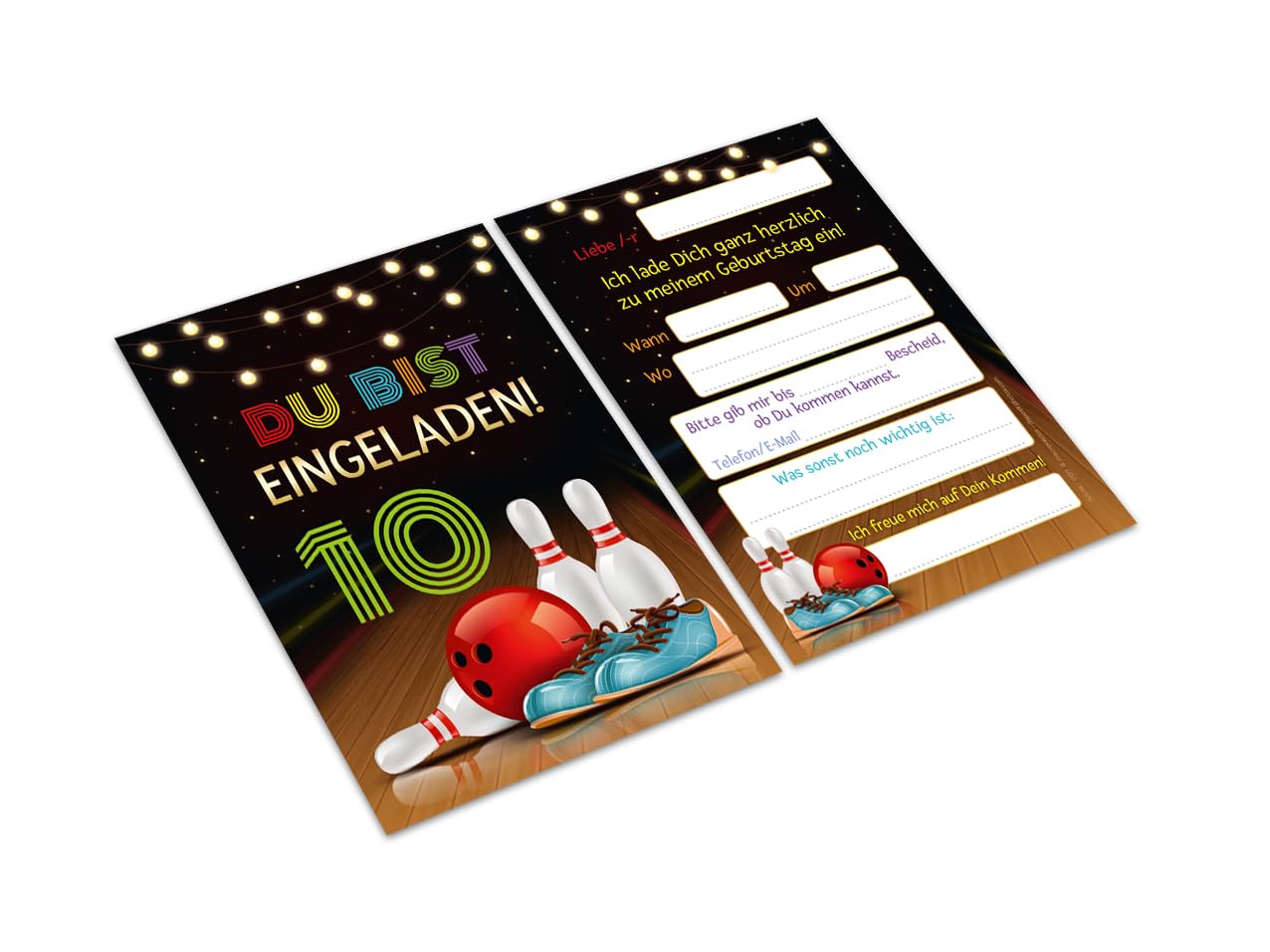 Minkocards Einladungskarten-Set Für Den 10. Kindergeburtstag – Kegeln & Bowling Motiv, 12 Karten + 12 Umschläge, A6, UV-veredelt, Made In Germany Minkocards Einladungskarten-Set Für Den 10. Kindergeburtstag – Kegeln & Bowling Motiv, 12 Karten + 12 Umschläge, A6, UV-veredelt, Made In Germany