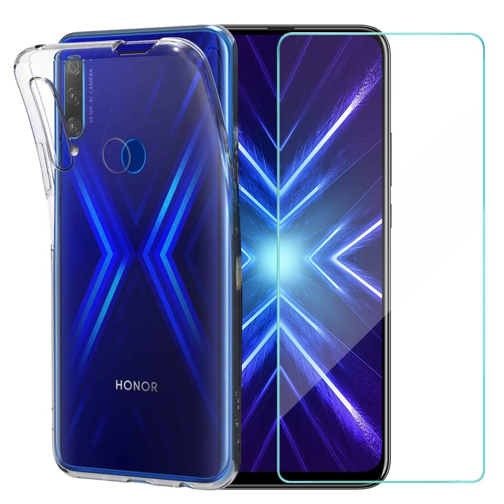 Oududianzi - Honor 9X Case + Tempered Glass Screen Protector, Soft Cover Clear Slim TPU Silicone Case - Transparent