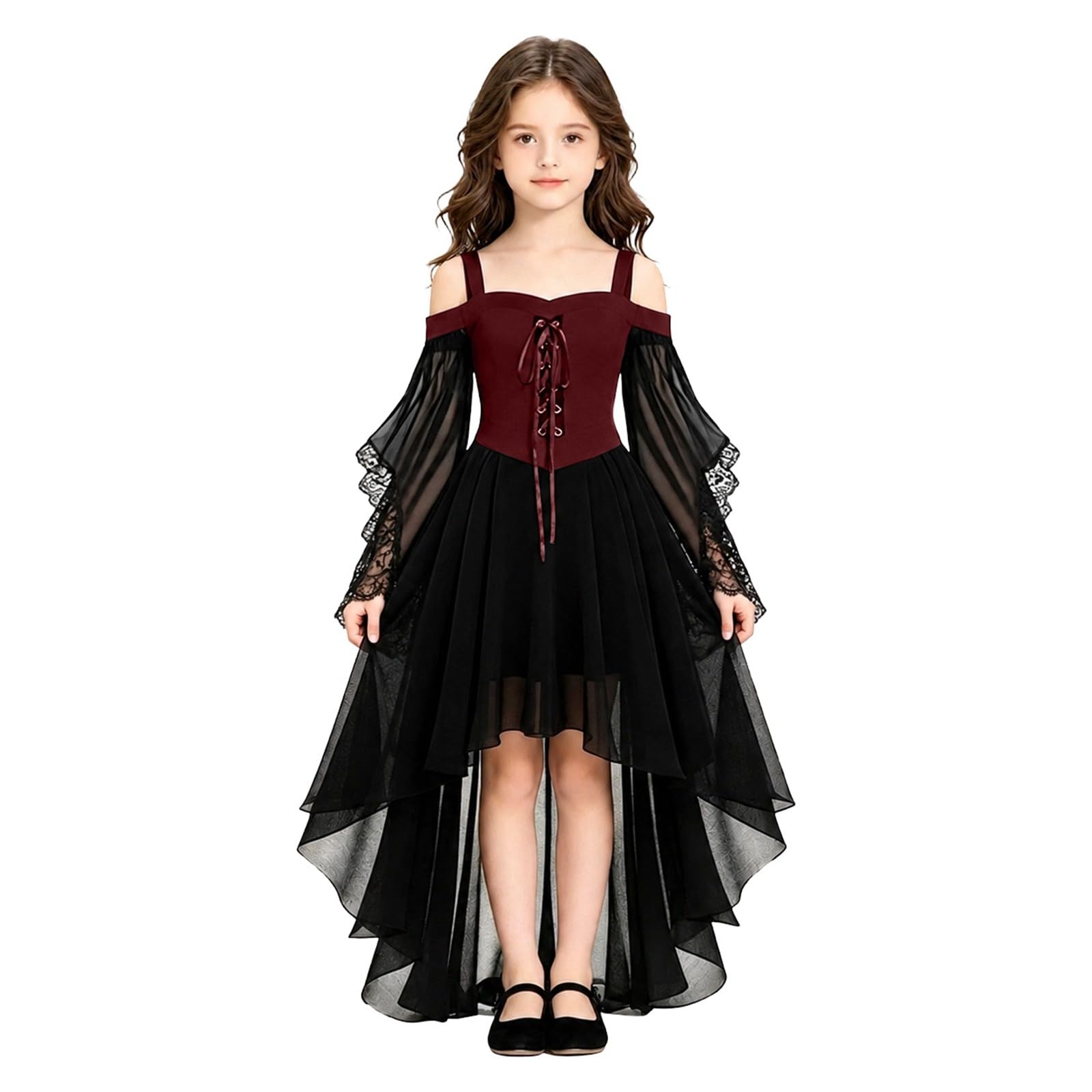 Vokuhila - Vestito medievale per Halloween, per bambine, gotico, cosplay | Vestito da principessa per bambini, a maniche lunghe, con spalle scoperte, in pizzo, stile vittoriano, vampiro, carnevale