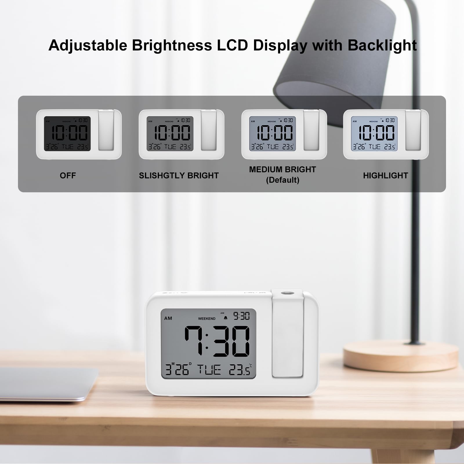 CHEREEKI Sveglia con Proiettore Soffitto, Sveglia da Comodino Digitale con 120° di Rotazione Proiettore,Temperatura, 4 Livelli Luminosità e Snooze, Calendario e Il Giorno, Bianco