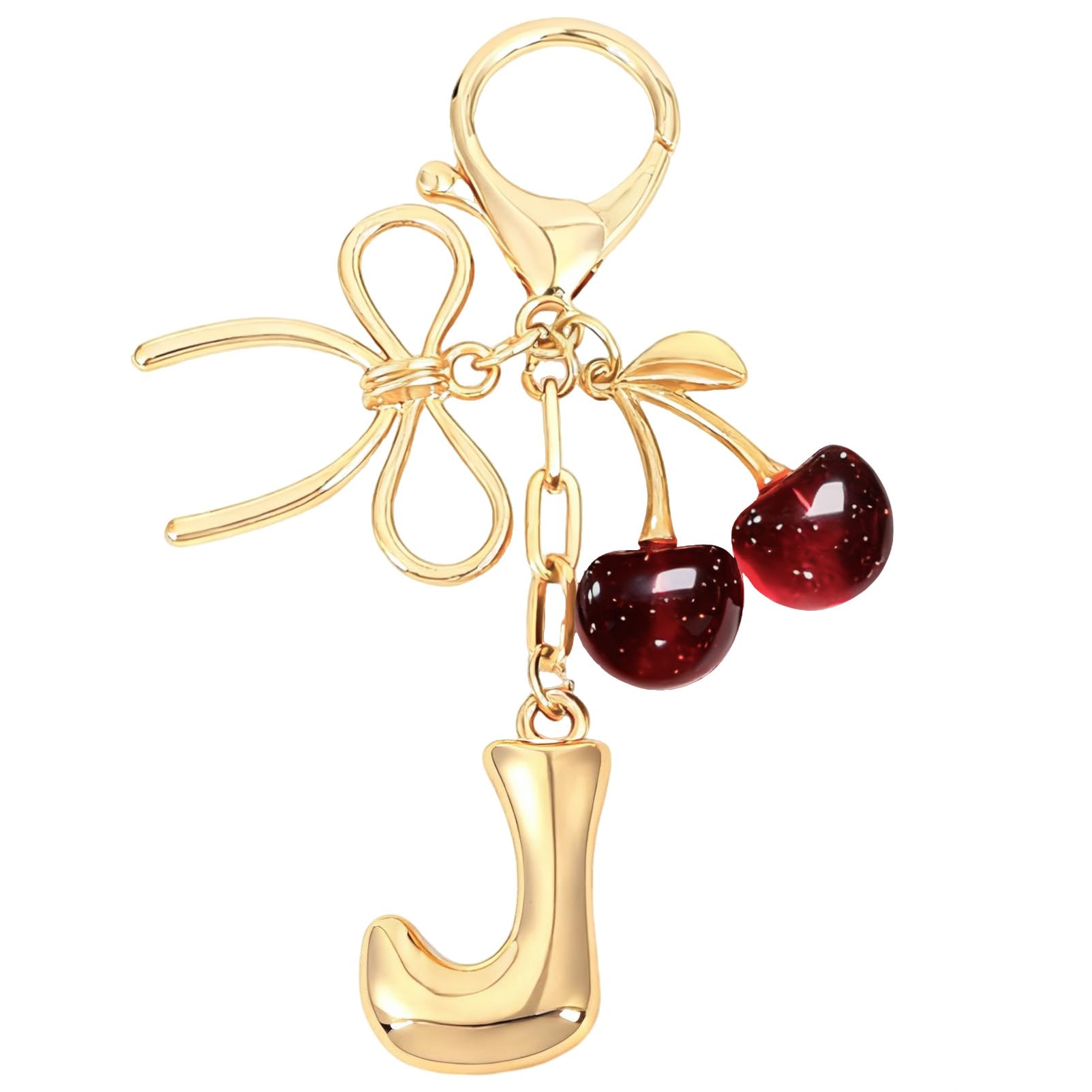 Snylcce Gold Initial Letter J Keychain with Bow & Deep Red Cherry Cute Bag Charm for Women Purse Accessories