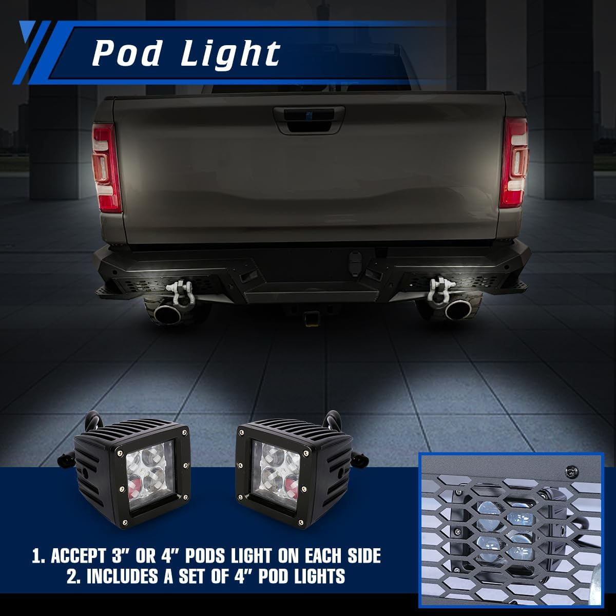 Rear bumper with integrated pod light mounts and included 4-inch LED pod lights