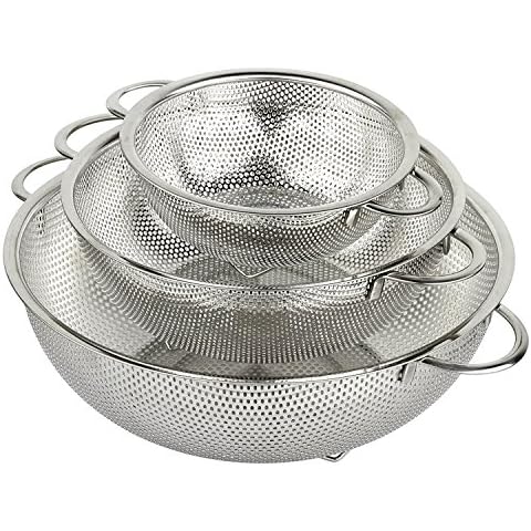 HÖLM 3-Piece Stainless Steel Mesh Micro-Perforated Strainer Colander Set (1-Quart, 2.5-Quart and 4.5-Quart) Cover
