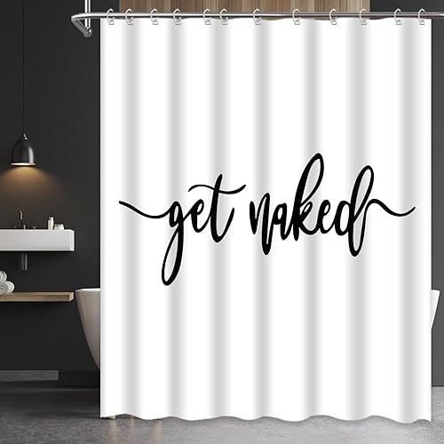 Cortina de ducha con texto en inglés Get Naked, color blanco, divertida y bonita, con texto en inglés Get Nake, con texto en inglés Get Naked,