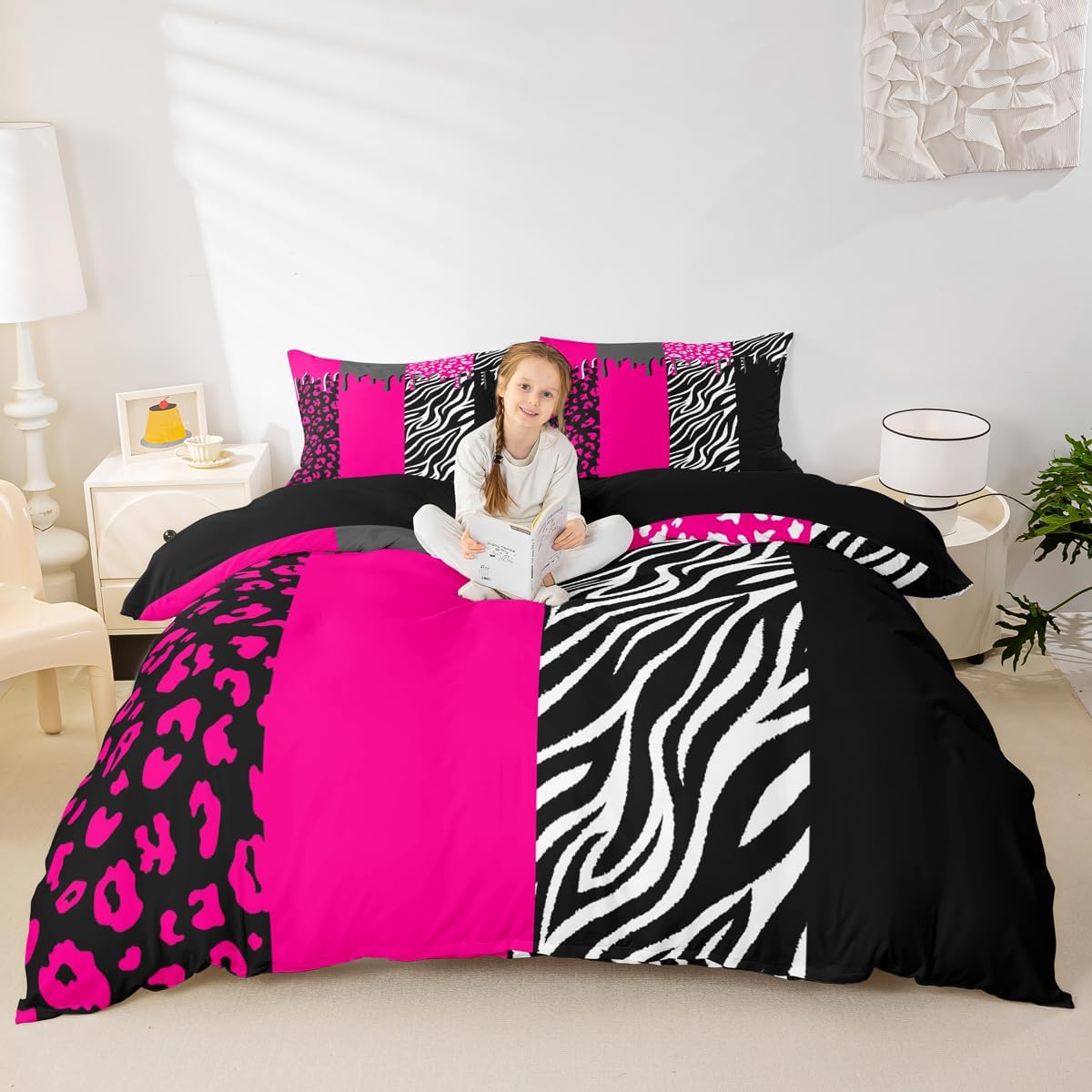Feelyou Leopard Bedding Set for Girls Boys Kids Full Size Hot Pink Black White Cheetah Comforter Cover Set Room Decorative Animal Print Duvet Cover Safari Zebra Bedspread Cover 3Pcs Bedclothes