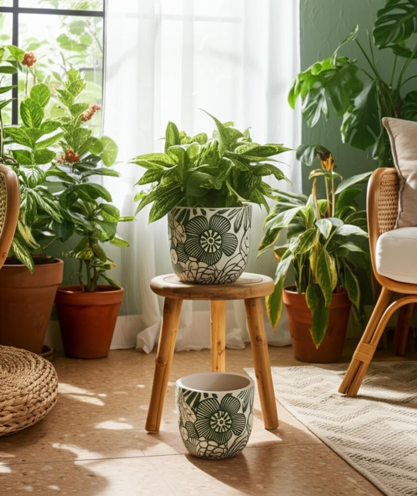 Ceramic Home Decor Flower Pots and Planters – Indoor or Outdoor Plant Pots with Floral Pattern for Succulents or Houseplants – Planters for Patio, Garden, or Room Decor Set of 2 – 7", 6" White & Green