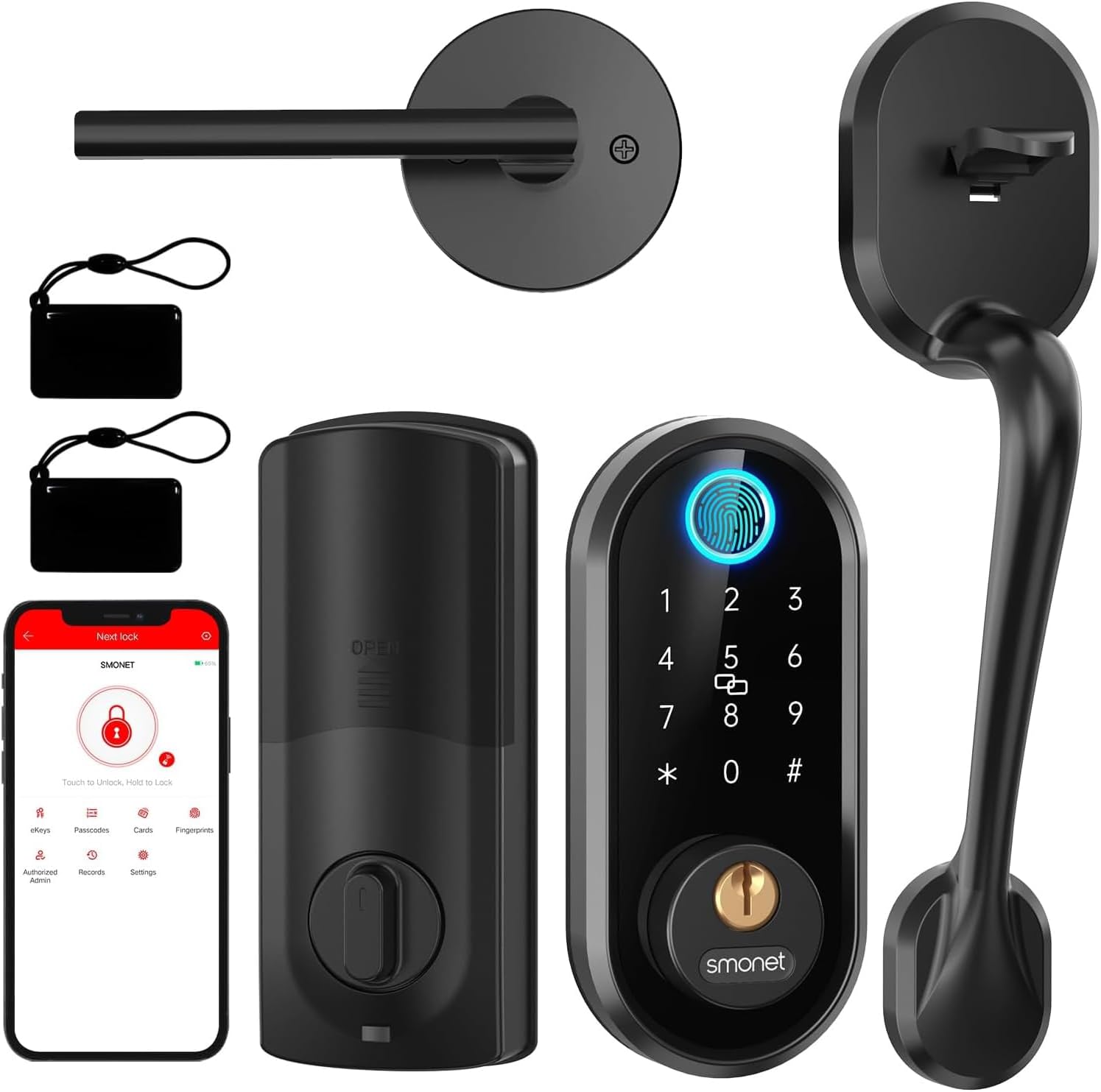 Product image of Keyless Entry Door Lock Handle: SMONET Smart Front Door Lock Set, Alexa Deadbolt Locks Front Door Handle, Bluetooth Digital Keypad Lock Black