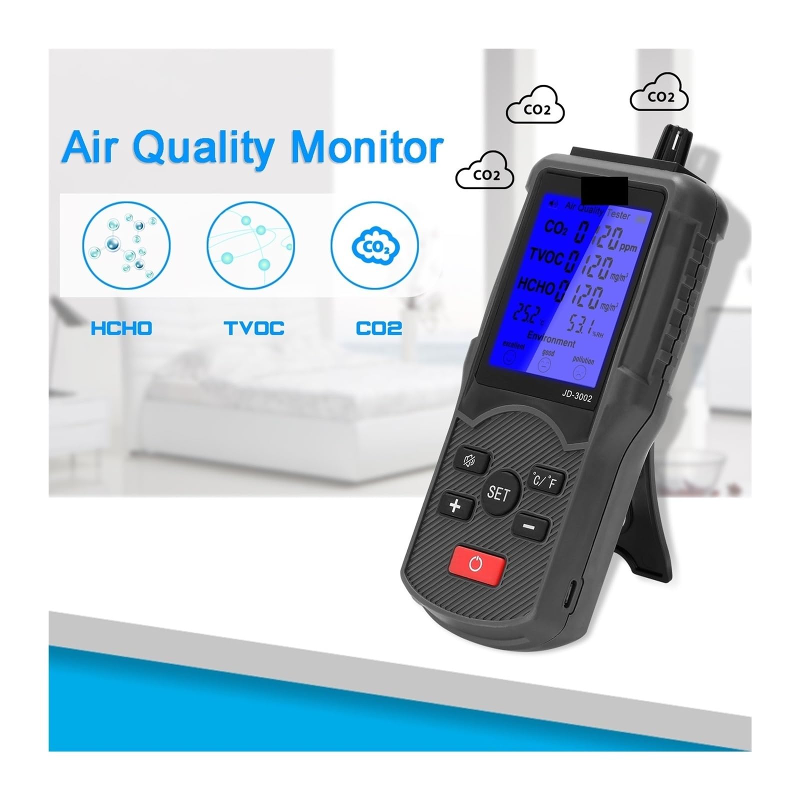 Monitor de calidad del aire, Probador multifuncional de calidad del aire Medidor CO2 TVOC Dispositivo medición temperatura y humedad Monitor dióxido carbono Detector gas para el hogar, la oficina