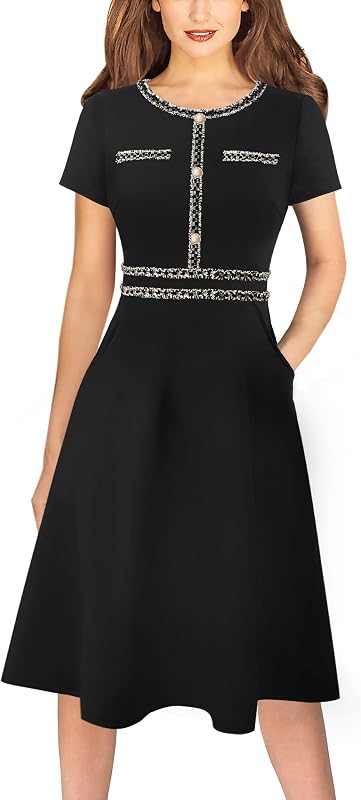 Womens Buttons Pockets Office Business A-Line Dresses Short Sleeve Work Crew Neck Tweed Trim Fit and Flare Swing Dress