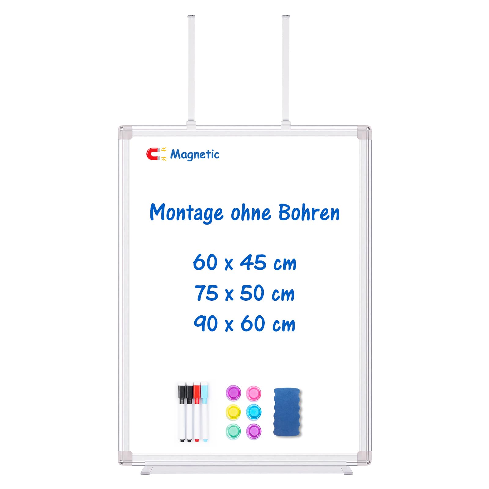 maxtek Whiteboard für Tür Einhängen 90 × 60 cm, Magnetisch Whiteboard tür Hängen, Aluminiumrahmen Trocken Abwischbar Magnetwand mit 4 Stifte, 6 Magnete and 1 Radiergummi für Haus, Schrankraum, Büro