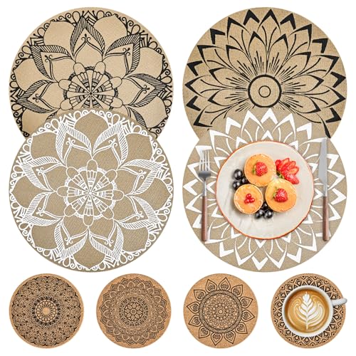 Lot de 8 sets de table ronds et sous-verres, sets de table pour table à manger, sets de table en PVC résistants à la chaleur et lavables, sets de table...
