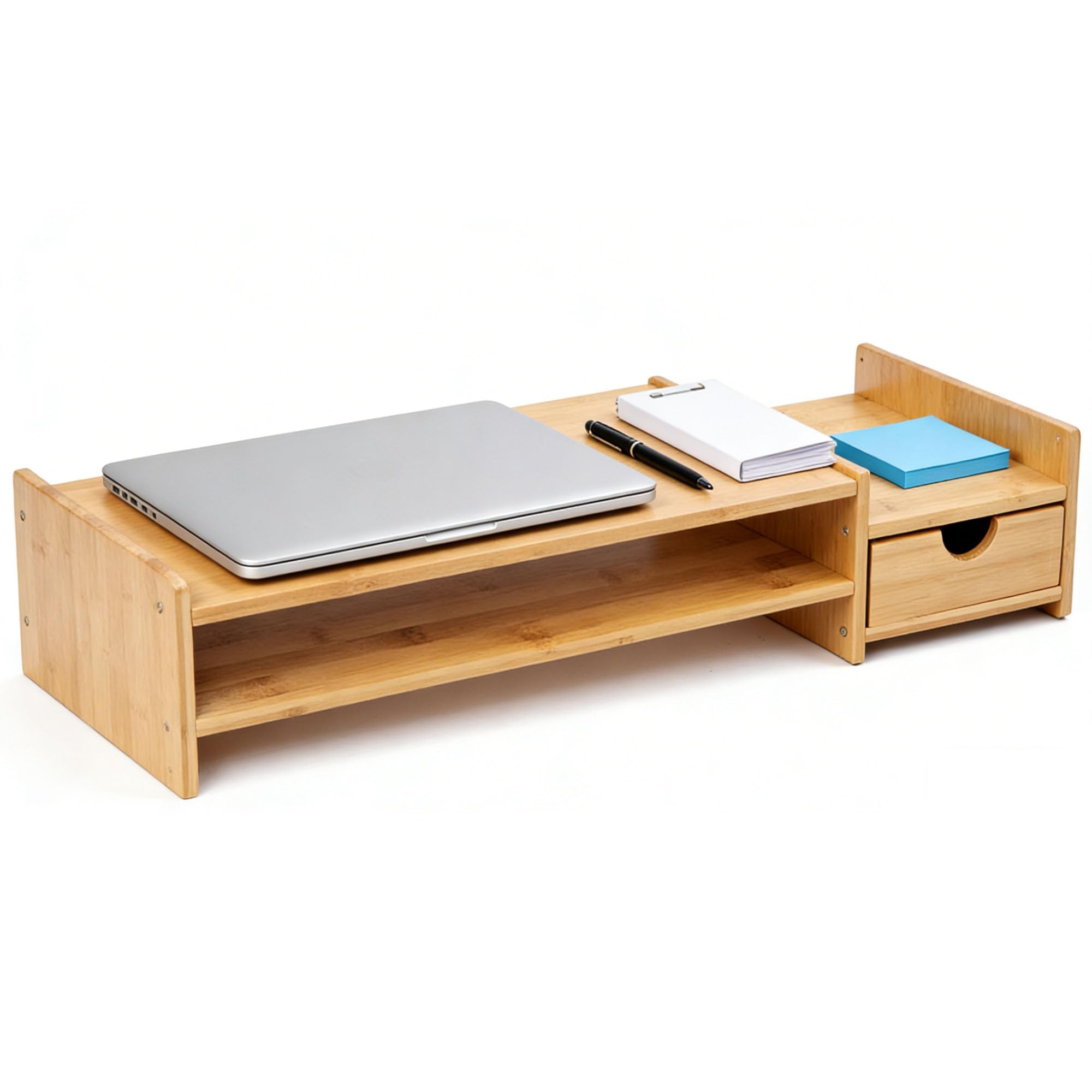 Supporto per monitor da scrivania in bambù con 2 ripiani e cassetti, organizer regolabile per computer, stampante, cellulare in ufficio, casa, riduce la tensione del collo e degli occhi (base)