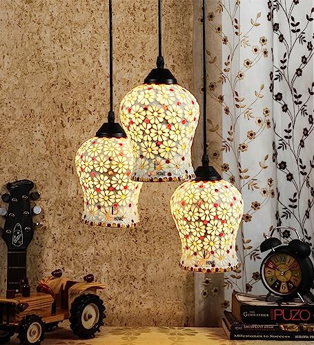 Image of DECOHOME Morrocan Hanging Mosaic Lights Glass Pendant Lamps Set of 3 | Vintage Bohemian Ceiling Hanging Ceramic Colorful Lights for Living Room, Bedroom, Balcony & Cafe | Warm Ambient (Yellow-Red)