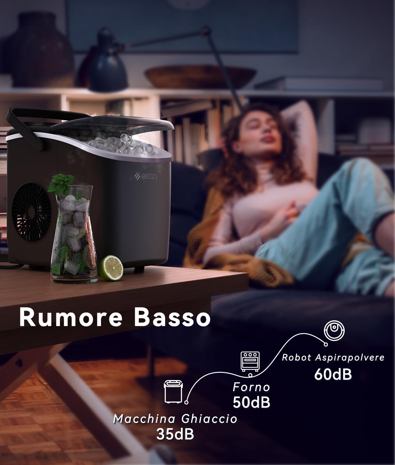 ecozy Macchina Ghiaccio, 12KG/ 24 ore, 9 Cubetti di Ghiaccio in 6 Minuti, 2 Dimensioni di Ghiaccio, Macchina del Ghiaccio Autopulente, Ice Maker Portatile per Casa/Festa/Cucina/Bar