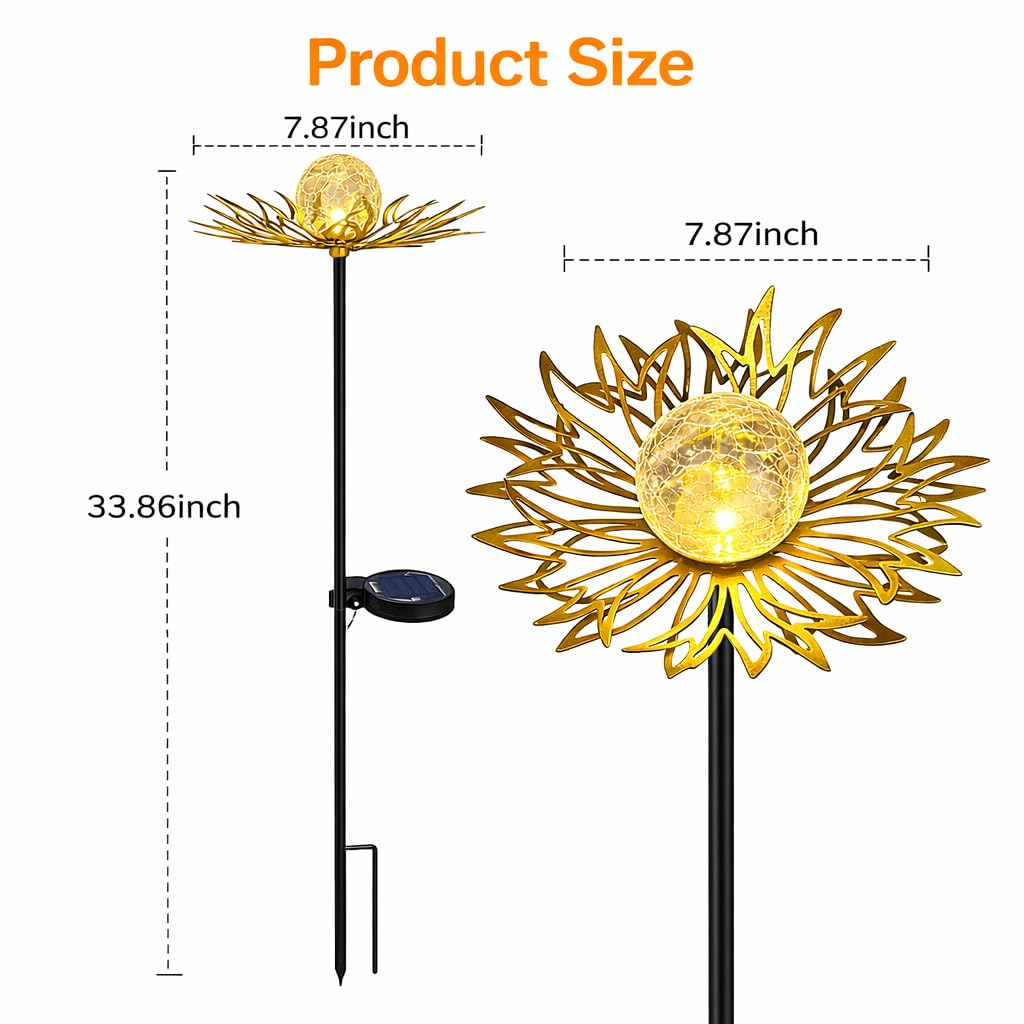 Solar-Gartenleuchten für den Außenbereich, Metall-Blumenstecker mit warmweißer Glaskugel, wasserdicht, dekorative Solar-Hofkunst für Terrasse, Rasen, Hinterhof, Weg, Gartengeschenk (Gold)