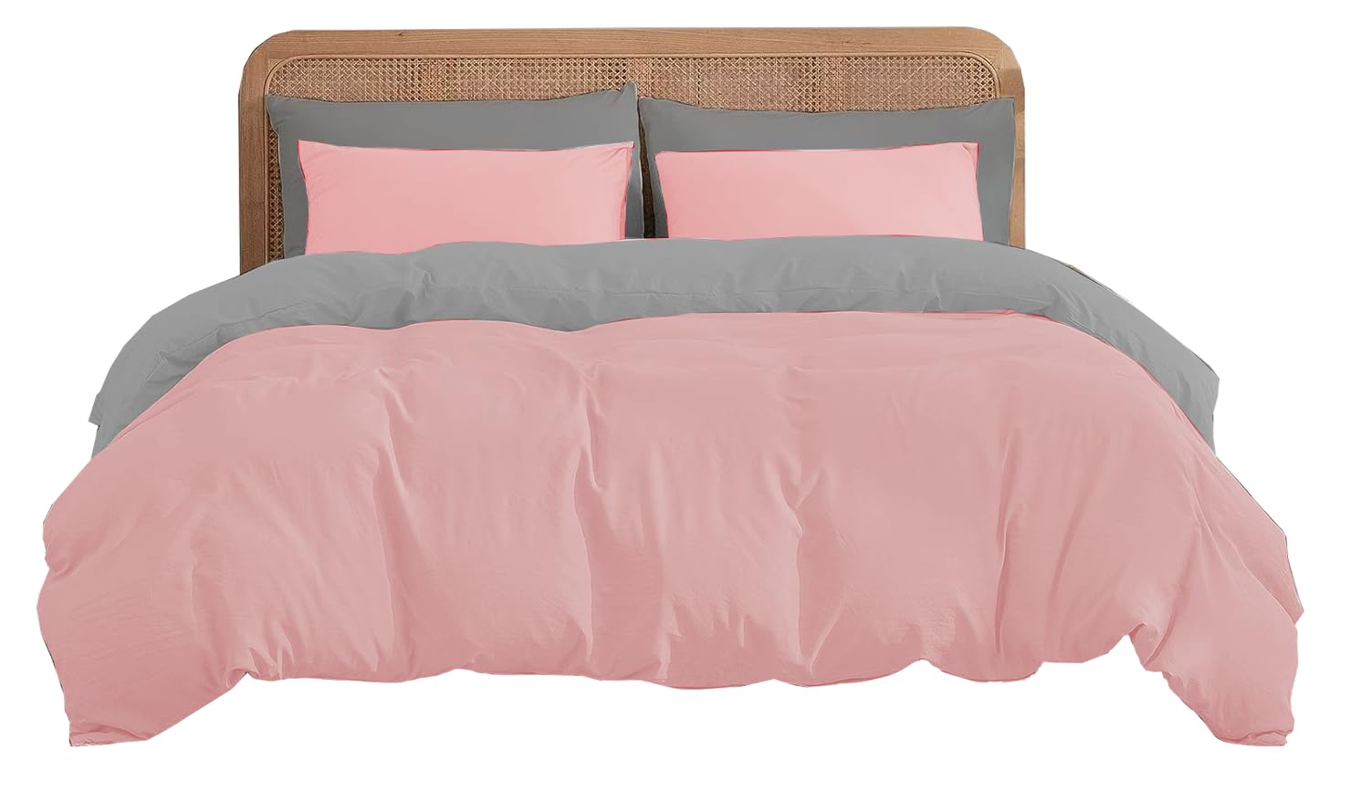Ev Dekor Double Duvet Cover Sets - Reversible Brushed Microfiber Bedding- Plain Dye Quilt Cover with Pillowcase - Pink/Grey - Image 4