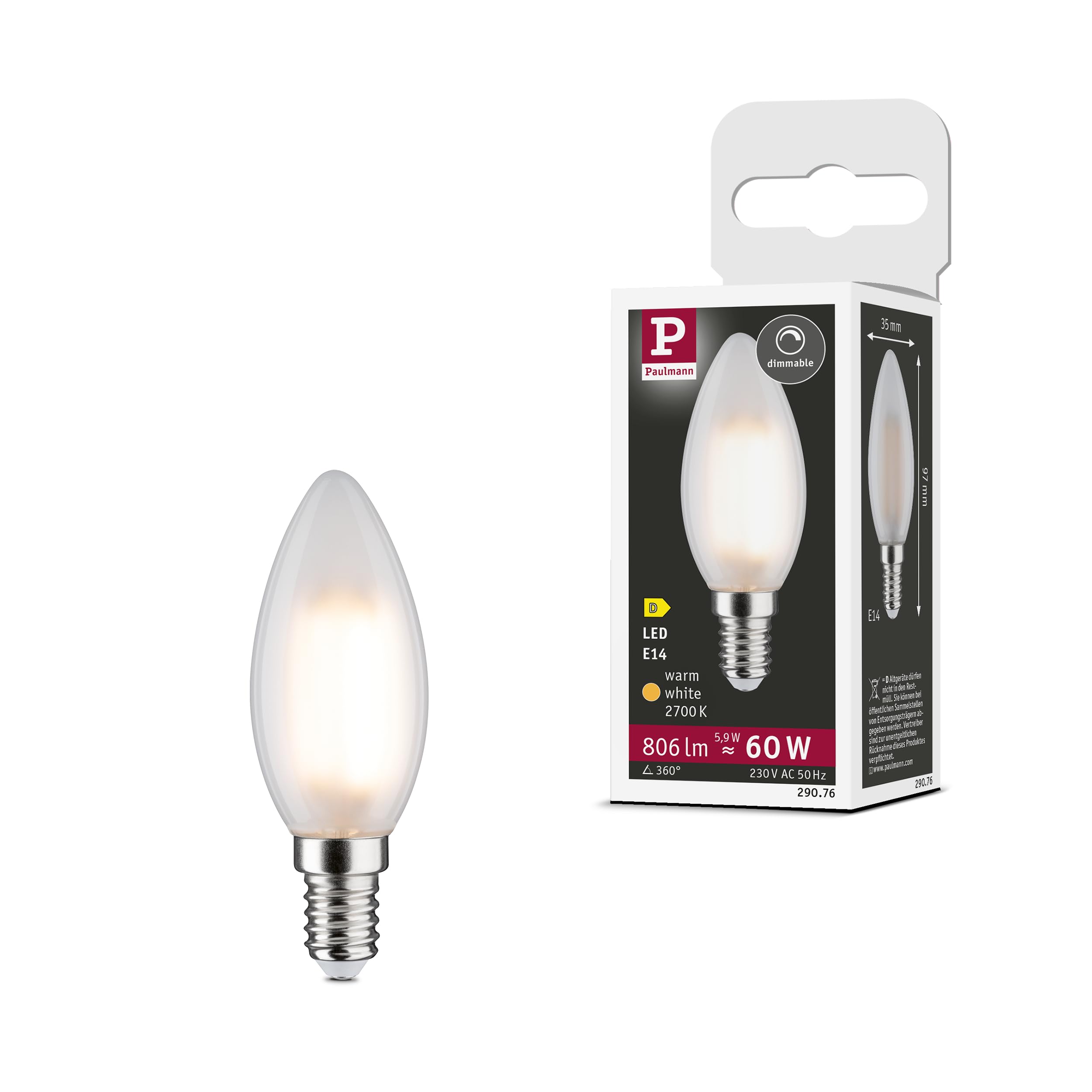 Paulmann 29076 Filament 230V LED Candle E14 230V 5.9W 806lm dimmable 35mm matt Glass 2700K – Warm White