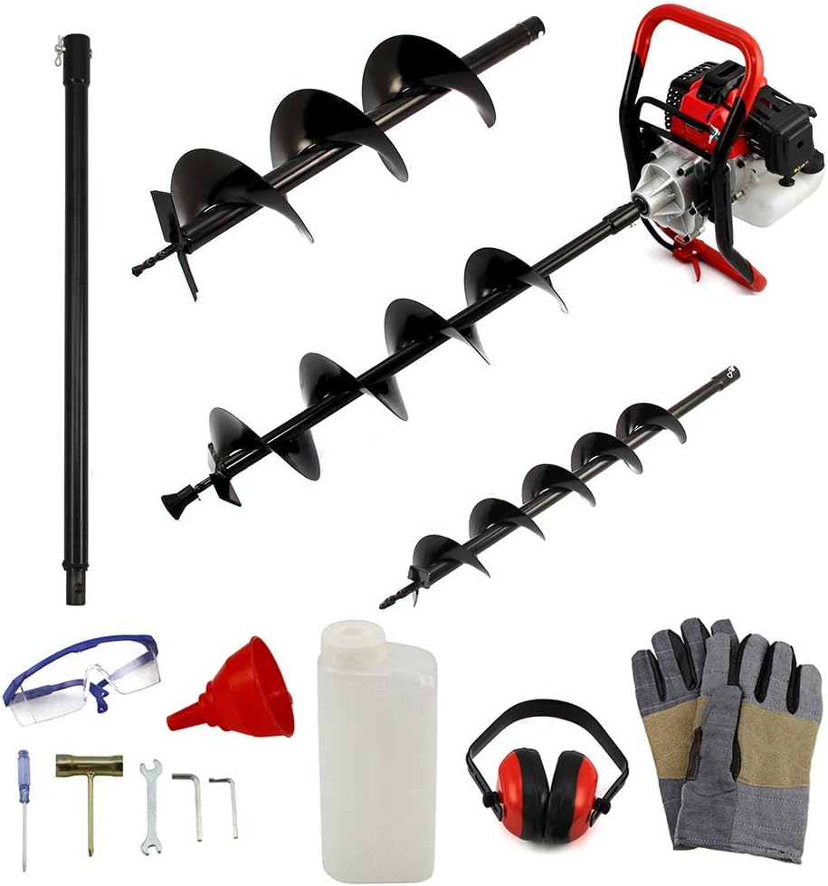 iropro Petrol Earth Auger Drill Garden Earth Borer Post Hole Digger Borer, 52cc 2-Stroke, 3HP, Petrol, 1.2 L | Pole| 9000 RPM, 3 Drill Bits, Post Hole Borer for Planting Trees and Fence