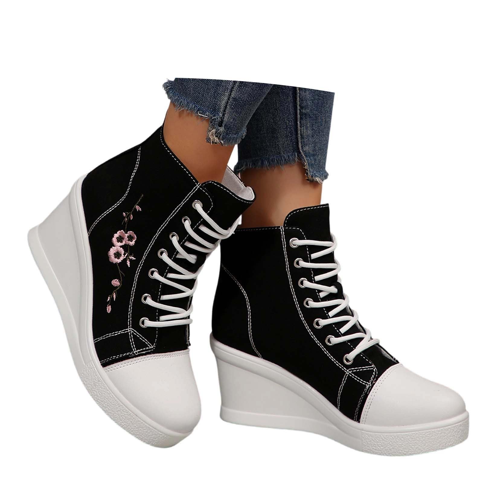 Scarpe da ginnastica in tela da donna e uomo, con lacci, stile vintage, con tacco spesso 8 cm, ricamo floreale, con zeppa