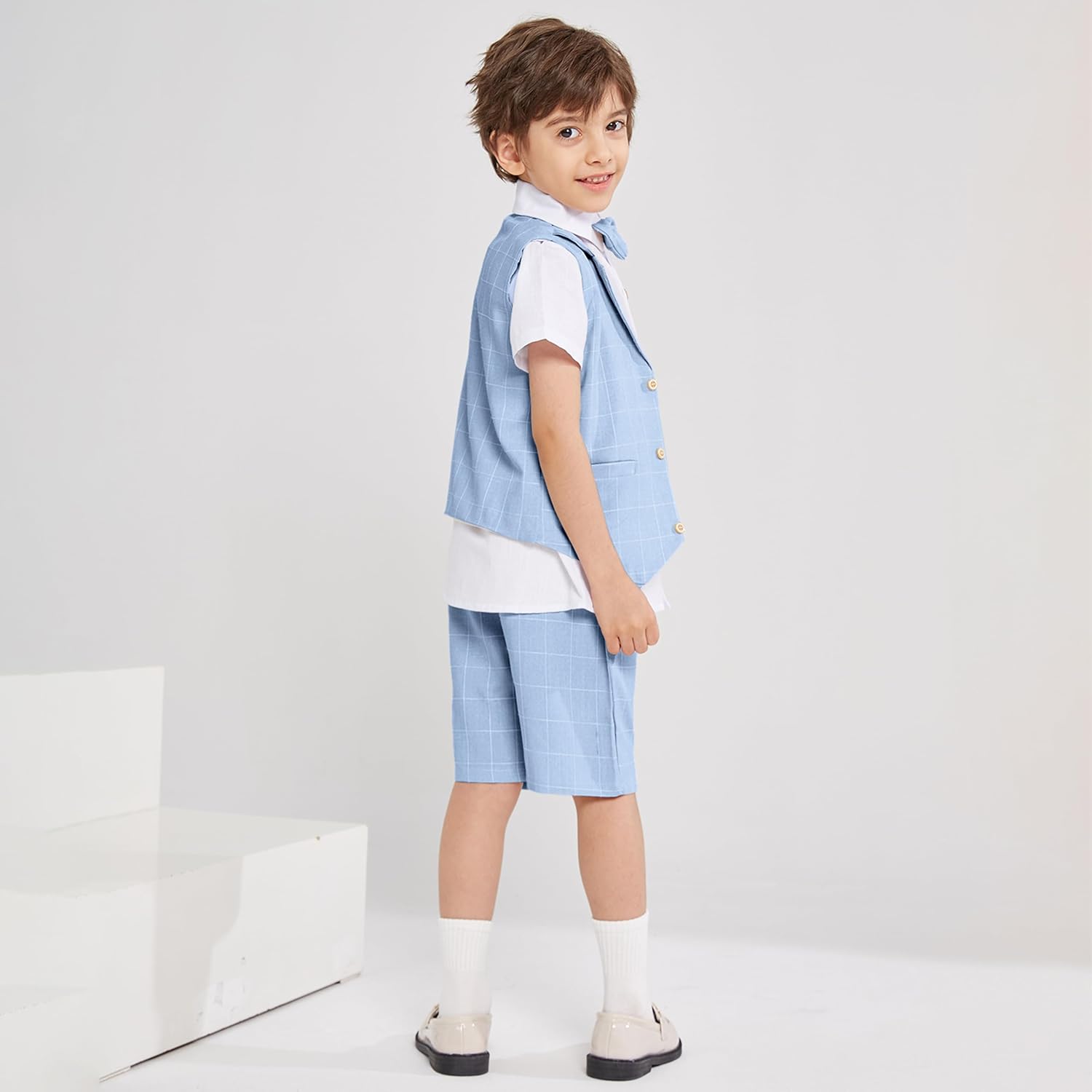 Summer Boys Suit Dress Clothes Kids Wedding Ring Bearer Outfit 4Pcs Shirt Vest Shorts Set