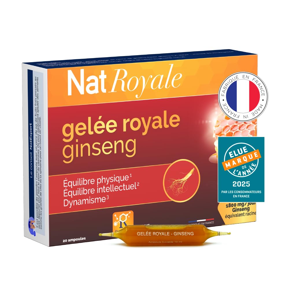 NaturAvignon Ampoule Gelée Royale Ginseng | complement alimentaire Vitalité, Immunité, defense immunitaire adulte | Gelée Royale 1000mg, Ginseng rouge de corée 1800mg, Vitamines B3 B6 | 20 ampoules