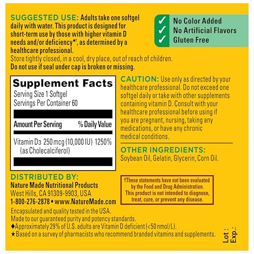 Nature Made Vitamin D3 10000 IU (250 mcg) Maximum Strength, 60 Softgels - image 7