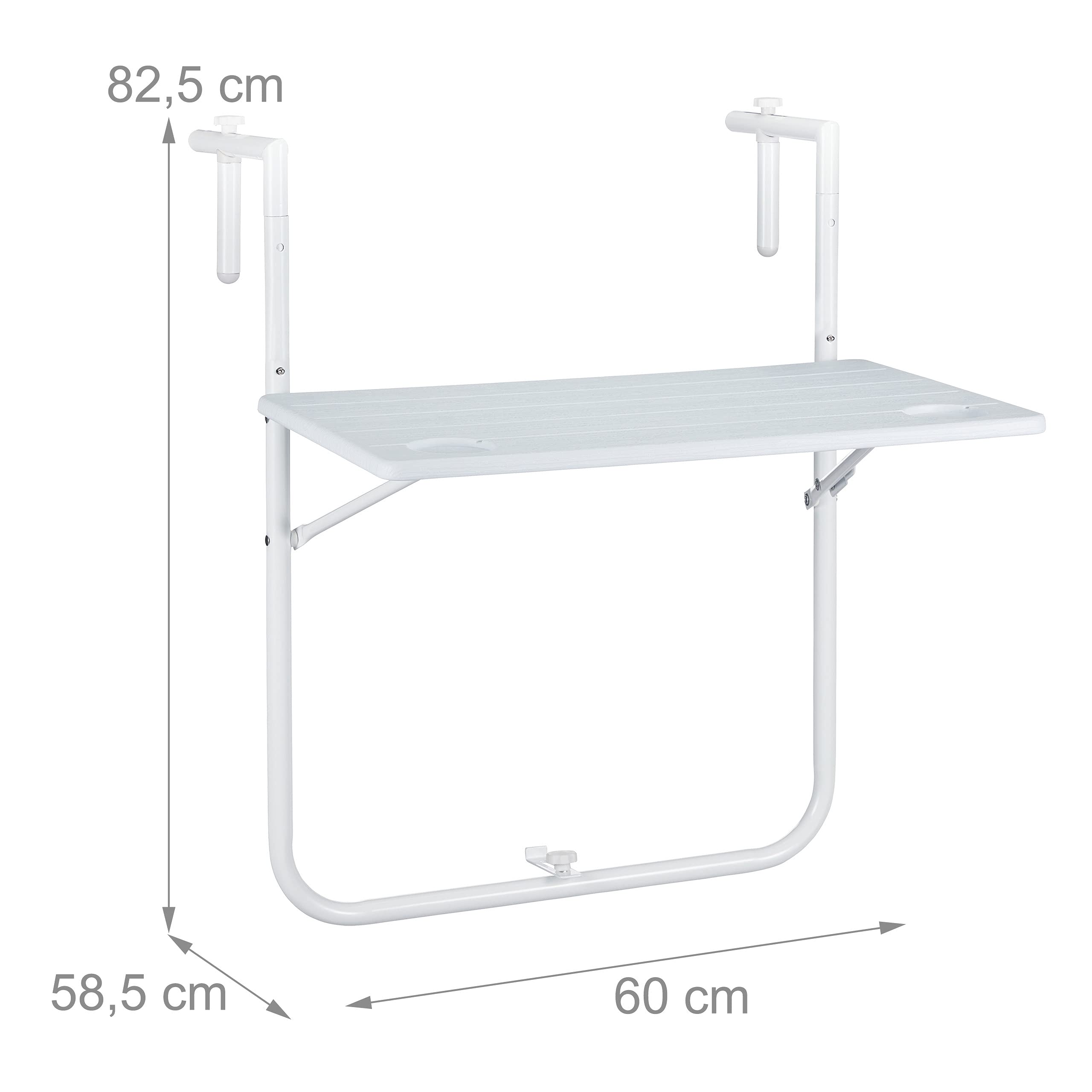 Relaxdays Table Balcon Suspendue Rabattable réglable en Hauteur 3 Niveaux Aspect Bois 59,5 x 35,5 cm Blanc