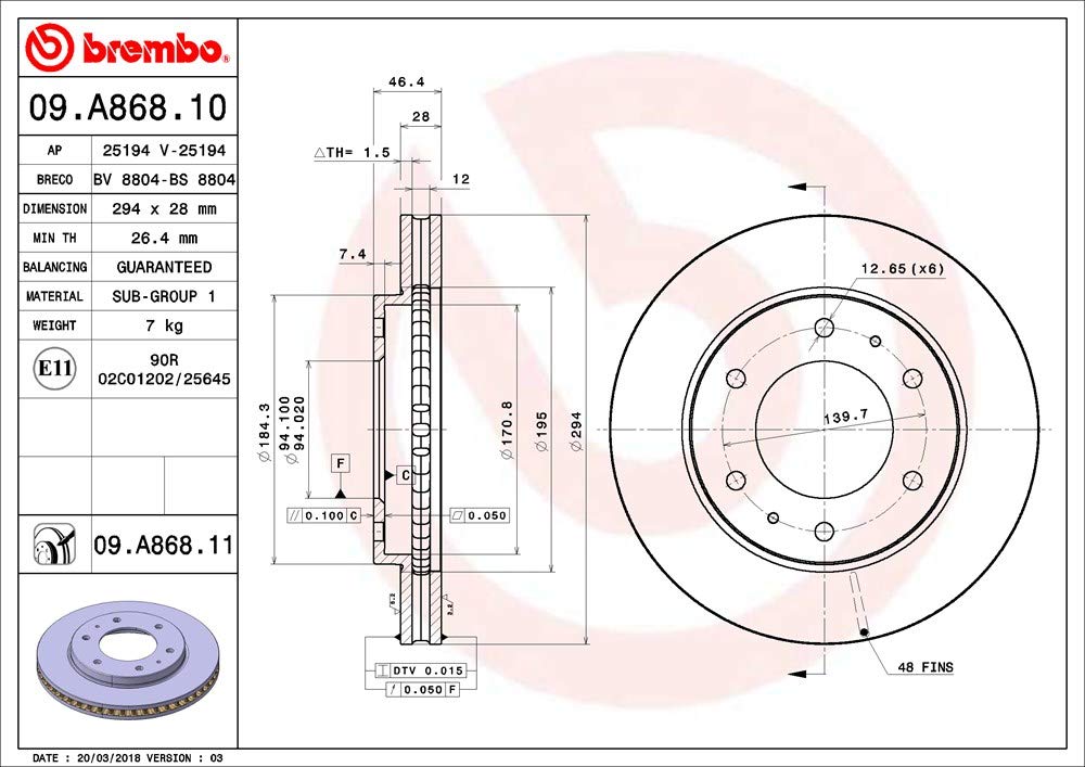 Brembo 09.A868.11 - Disque avec revêtement anti-corrosion UV (2 disques par boîte) - Avant