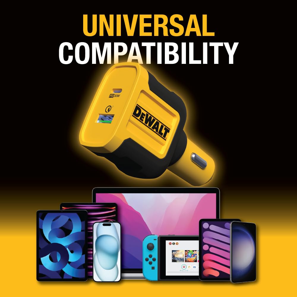 DEWALT Adattatore per caricabatterie da auto USB + USB C, caricatore USB per accendisigari da 49,5 W, caricabatterie da auto PPS 30 W Quick Charge 3.0 ricarica rapida per iPhone 15/15 Plus/15 Pro/15