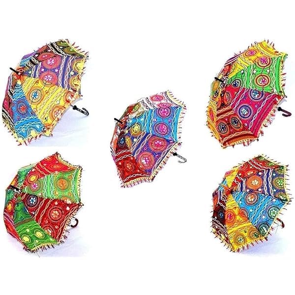 ROYAL CRAFT 5 Pcs Indian Vintage Decorative Umbrella Sun Parasol Wedding Birthday Party Decoration Lot Of Embroidered Umbrella