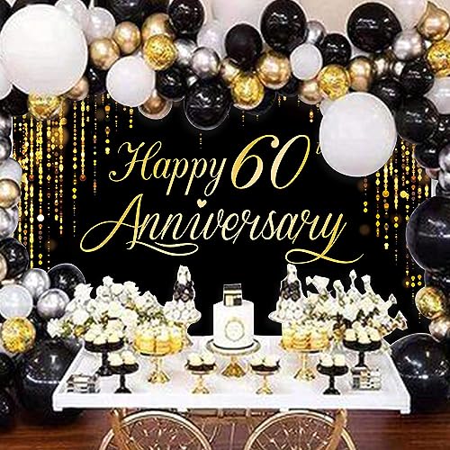 Image of Happy 60th Annverisary Background Decorations Black Gold Backdrop Banner, Large Black Gold Photography Background Suitable for Wedding Anniversary Party Birthday Party Decoration 84 * 60''