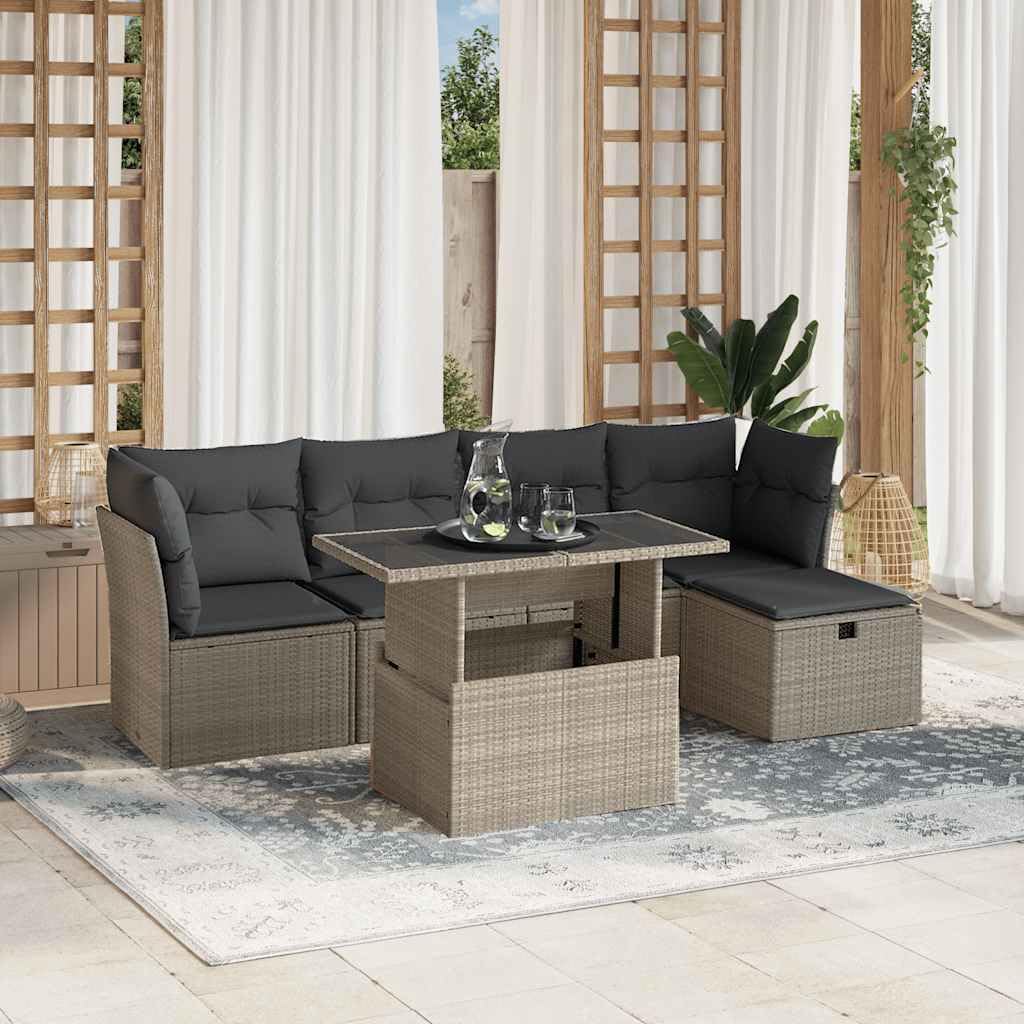 6-TLG. Sofa ogrodowa, jasnoszara, poly rattan, regulowany stół, odporny na działanie promieni UV, modułowy na taras, balkon, na zewnątrz, wygodna poduszka, trwała
