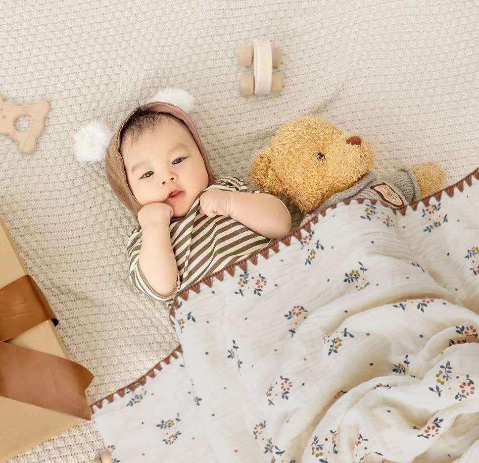 Image of Baby Muslin Cotton Thick Blanket Dotted Backing Double Layer Soft Newborn Receiving Blanket 40x40Inch Flower Pattern