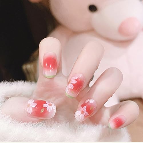 Uñas postizas medianas de punta francesa verde, uñas postizas ovaladas de flores blancas, uñas postizas acrílicas brillantes, uñas artificiales de