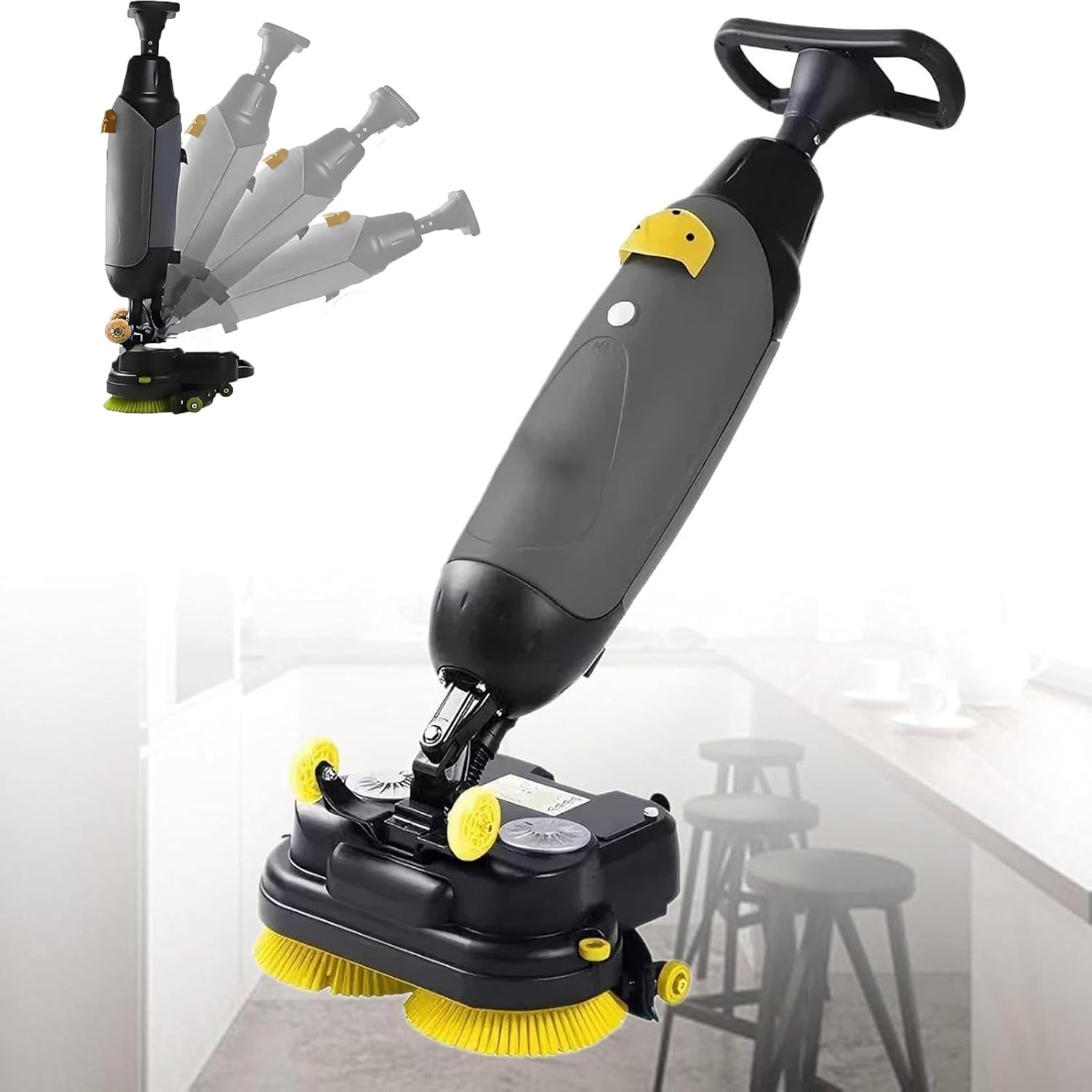 Battery Powered Floor Scrubber, Commercial Floor Polisher Cleaner Buffer Scrubber, 360° Rotating Floor Scrubber, Waterproof Charging Port, 2 Water Tanks, Home, Office, Small Commercial Spaces Grey