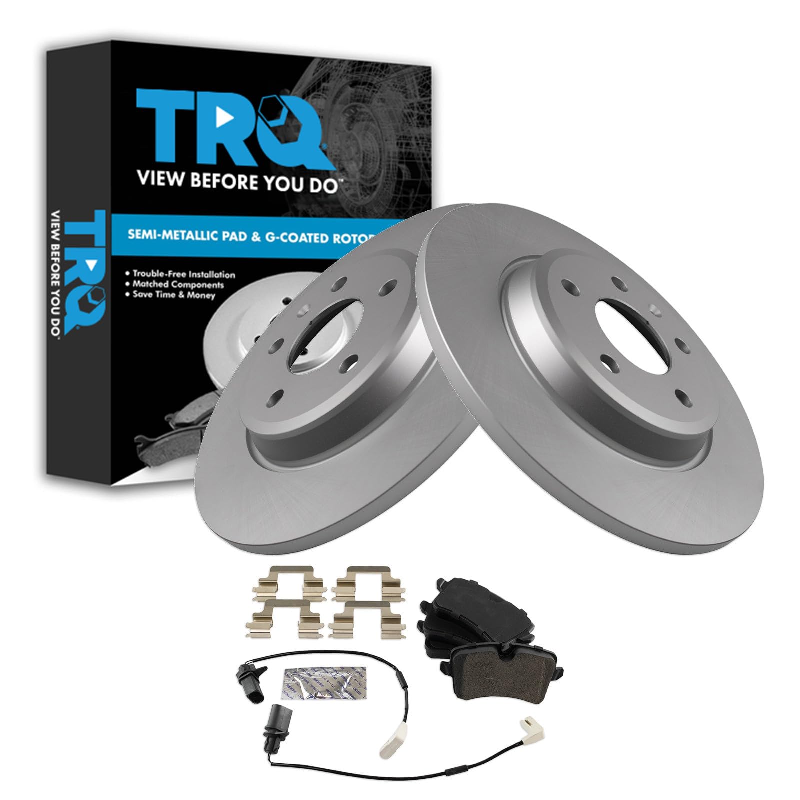 TRQ Rear Brake Pad and Rotor Set Semi Metallic 300mm Rotors G Coated Compatible with 2012-2013 Audi A6 2012-2013 A7 Quattro 2013 A6 Quattro