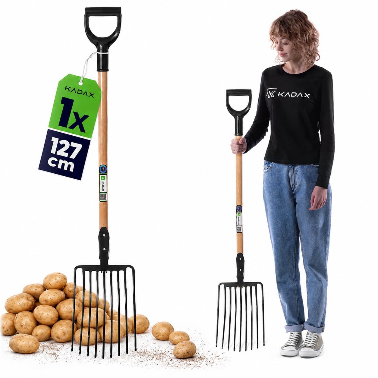 KADAX Horca de acero con mango en forma de D, tenedor con mango de madera, tenedor de heno, tenedor de patatas, tenedor de abeja y tenedor para piedras, color negro