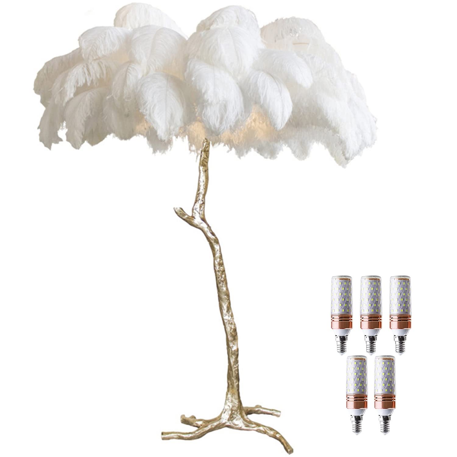 BAHOJAS LED Dimmable Floor Lamp With Natural Ostrich Feathers - Modern Luxury Resin Standing Lamp For Living Room, Home & Office Decoration