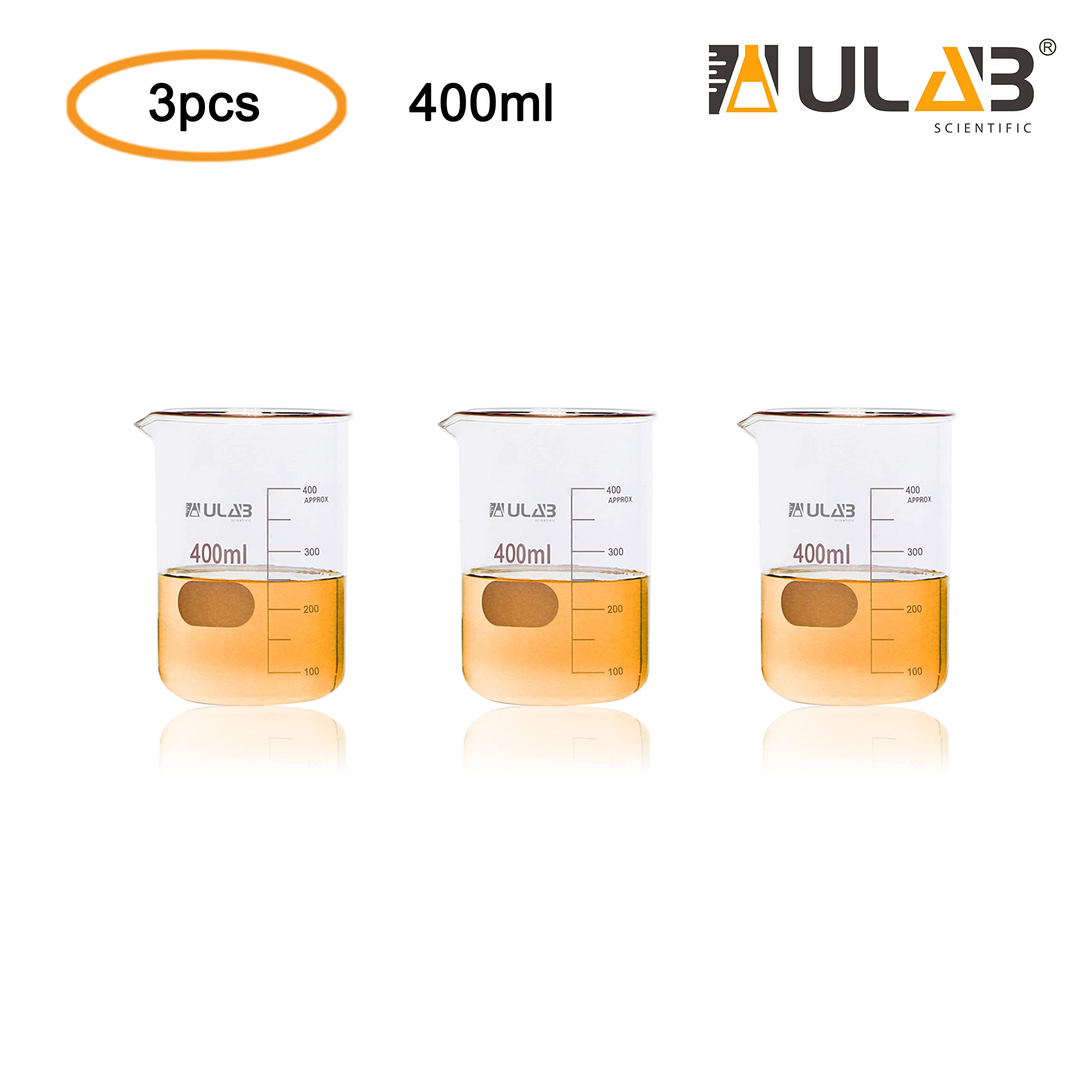 ULAB Scientific UBG1035 Becher aus Borosilikat, 400 ml, 3,3, niedrige Form mit aufgedruckter Graduierung, 3 Stück