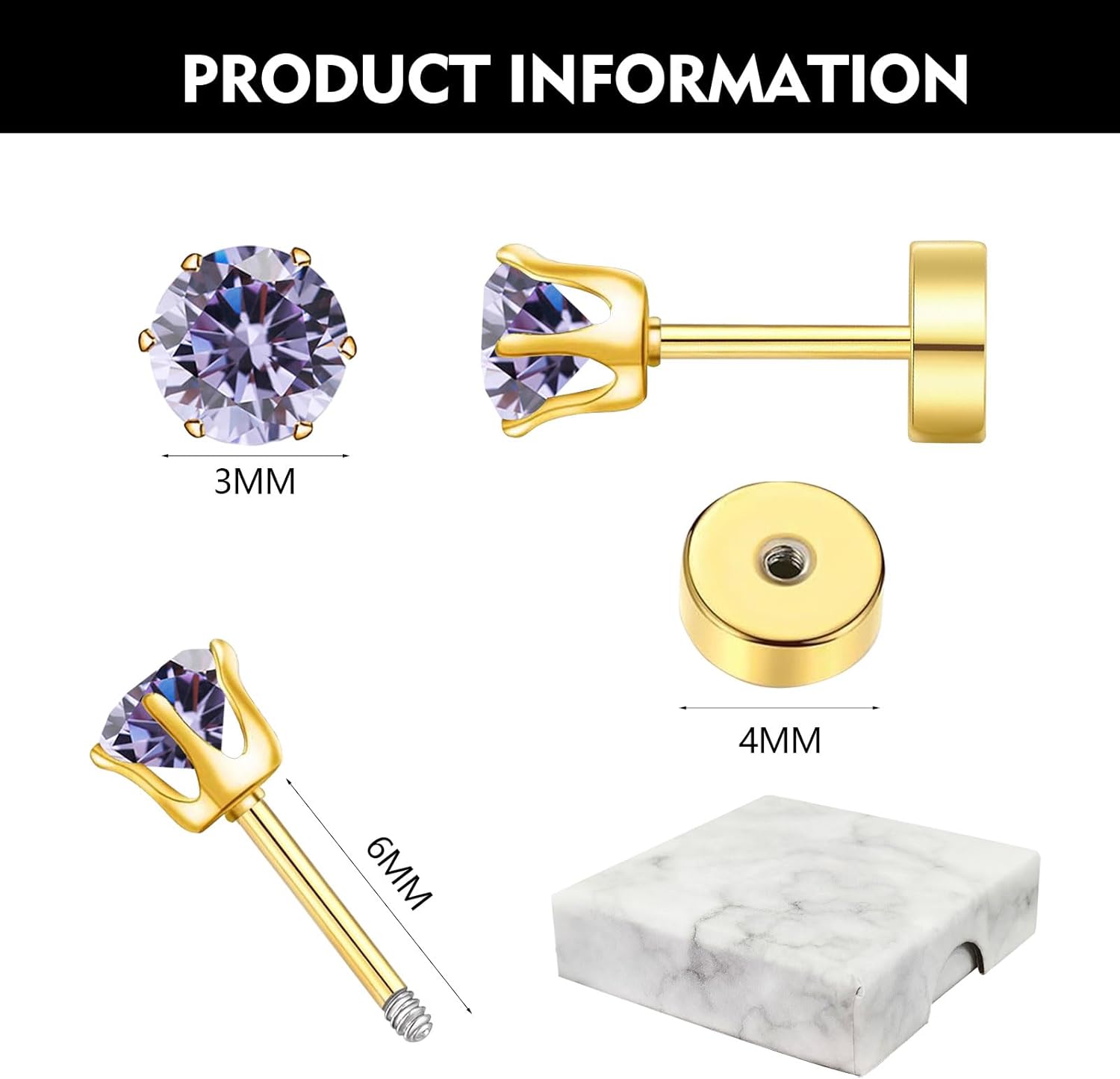 Hypoallergenic Birthstone Stud Earrings for Women Brilliant Cut Round Cubic Zirconia Flat Back Earrings Surgical Steel Cartilage Earrings for Sensitive Ears - Image 2