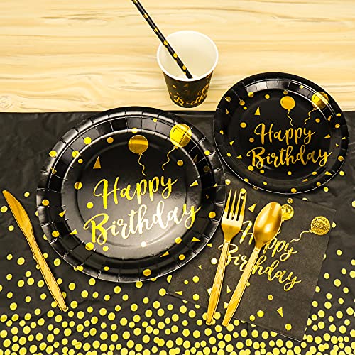201 Pieces Gold Disposable Party Dinnerware Set &Golden Dot Disposable Birthday Party Dinnerware - Black Paper Plates Napkins Cups, Gold Plastic Forks Knives Spoons (25 Guests,201 Pieces) #TOP5