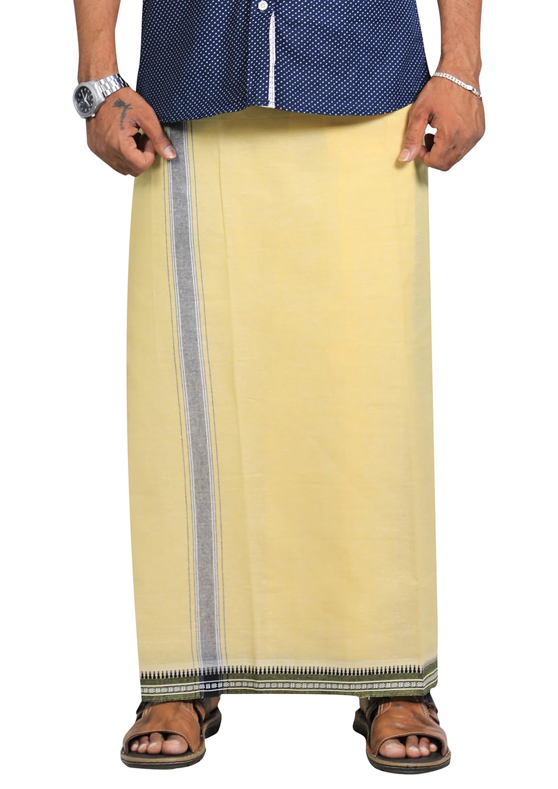 Prakasam Cotton Mens Cotton Kerala Thalapathi Border Welcro Pocket Dhoti (Size -S Size Dhoti) / Yellow Colour Thalapathi Adjustable Pocket Dhoties For Mens