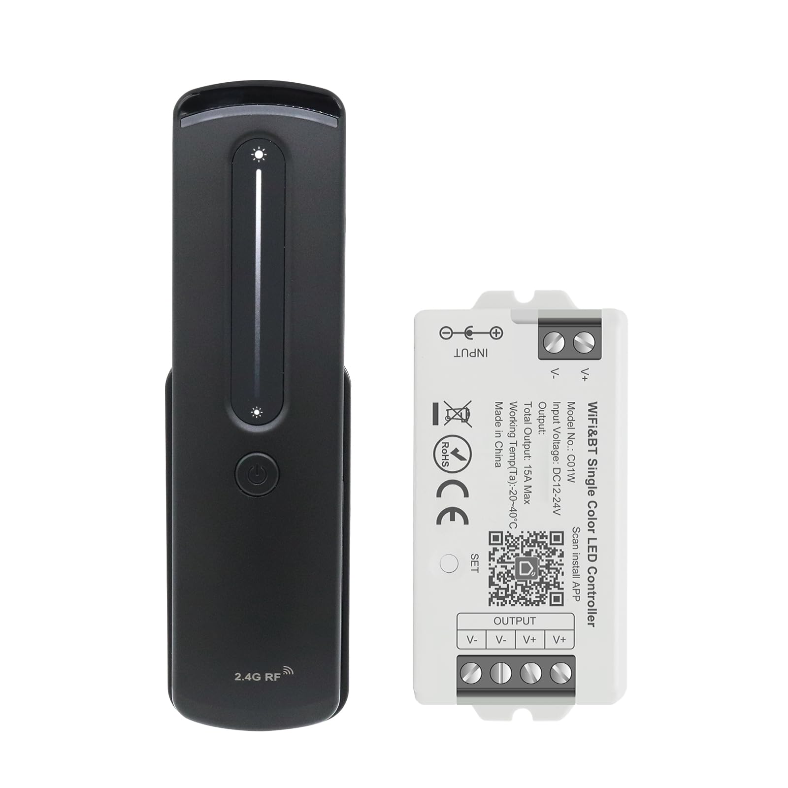 Ściemniacz LED WiFi Single Colour 12 V/24 V – Smart Home Controller z aplikacją Tuya/Smart Life, automatyczne przełączanie Bluetooth, moc 15 A, 2 x V +/V, 2,4 G RF Touch pilot zdalnego sterowania z