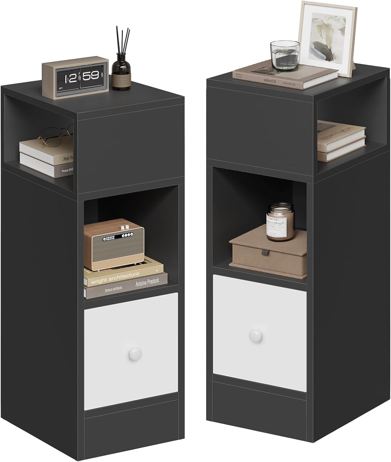 EUGAD Set of 2 Narrow Bedside Tables, Slim Nightstands with 2 Open Compartments and 1 Drawer Each, Space Saving Wooden Cabinets for Bedroom Living Room, Dark Gray, 25x30x66 cm, 0010CTG-2
