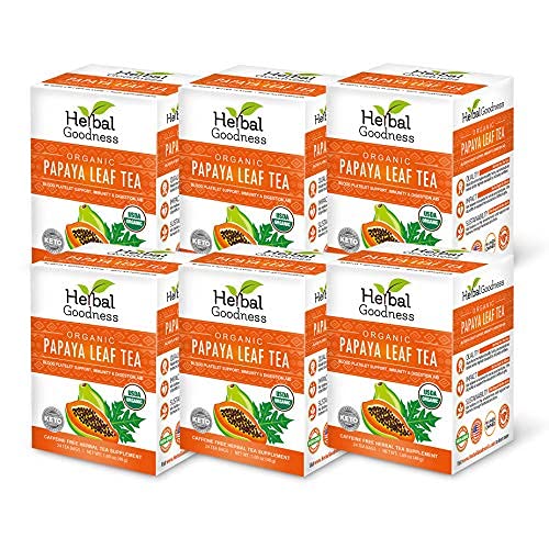 Papaya Leaf Tea - Natural Blood Platelet Support Drink - Immunity Boost & Gut Health - Digestive Enzymes - 100% USDA Organic - Made with GMO-Free Ingredient - Keto Friendly - Gluten-Free - Kosher - 24/2g Teabags - Made in USA by Herbal Goodness - 6 B