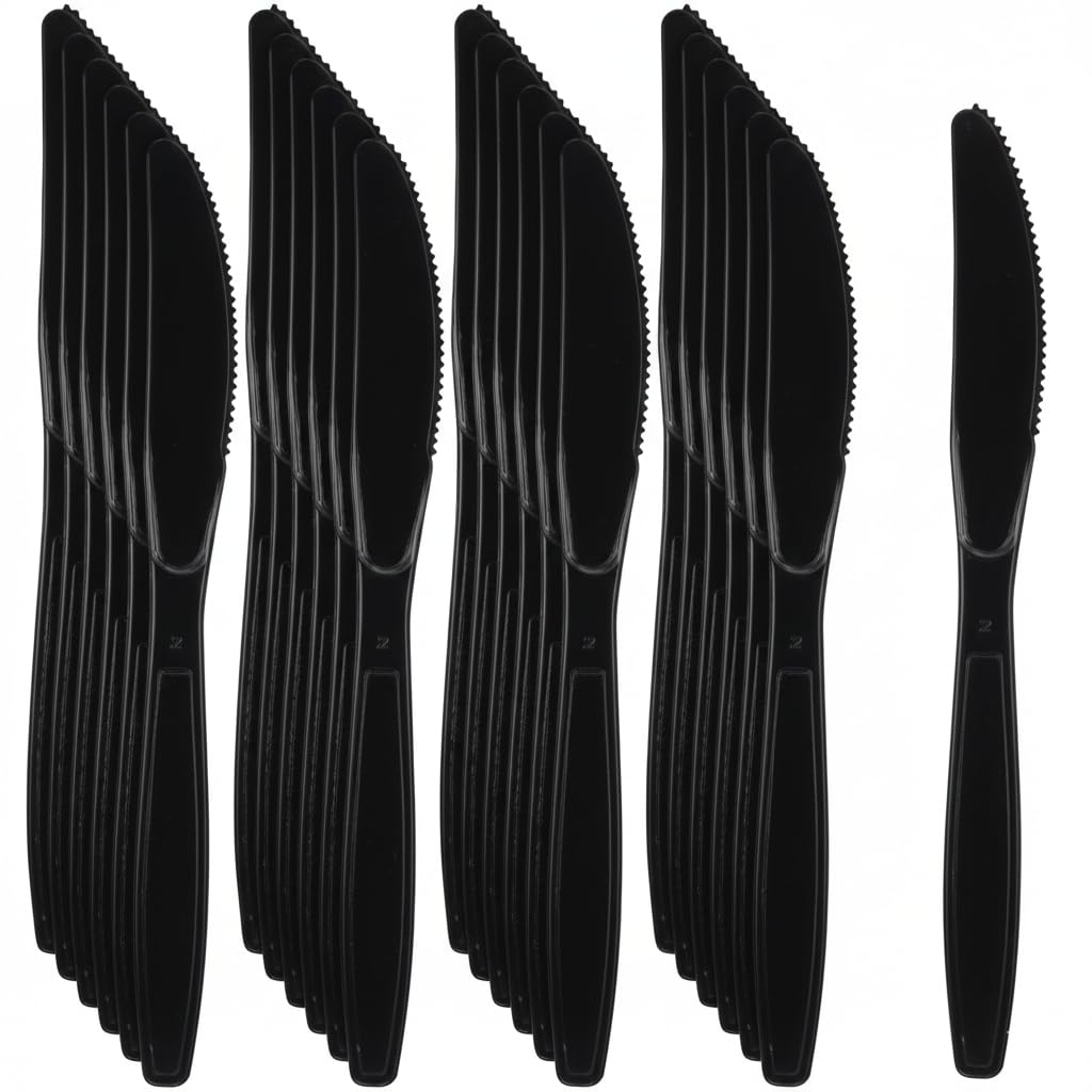Tezraftaar® 300 x Tithe Heavy Duty Plastic Knives Reusable Black Cutlery Set BPA Free Durable Catering Wedding Kids Parties Picnic Traveling