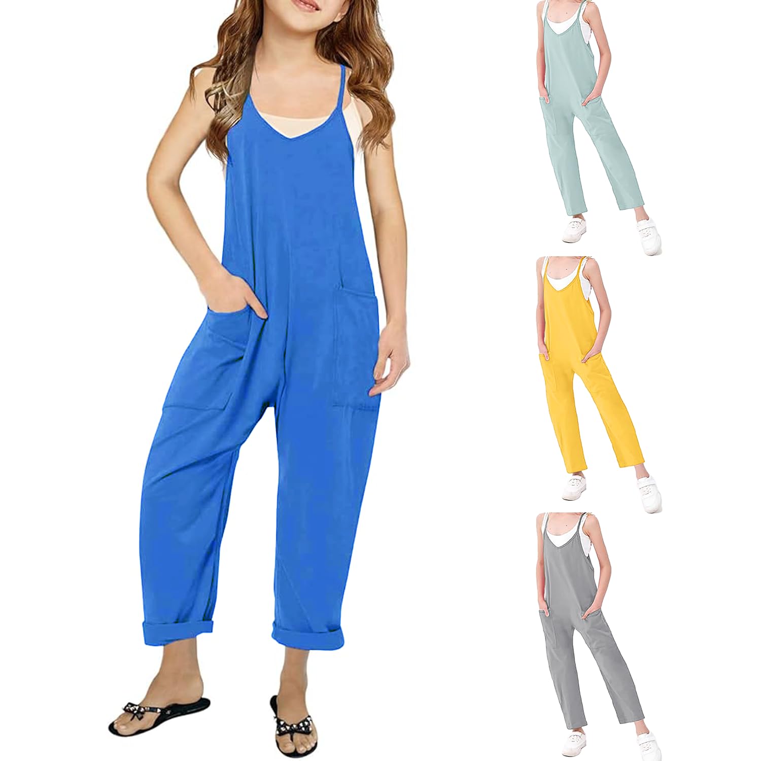 Overol para niñas y niños, estilo casual, sin mangas, con tirantes delgados, pantalones largos con bolsillos