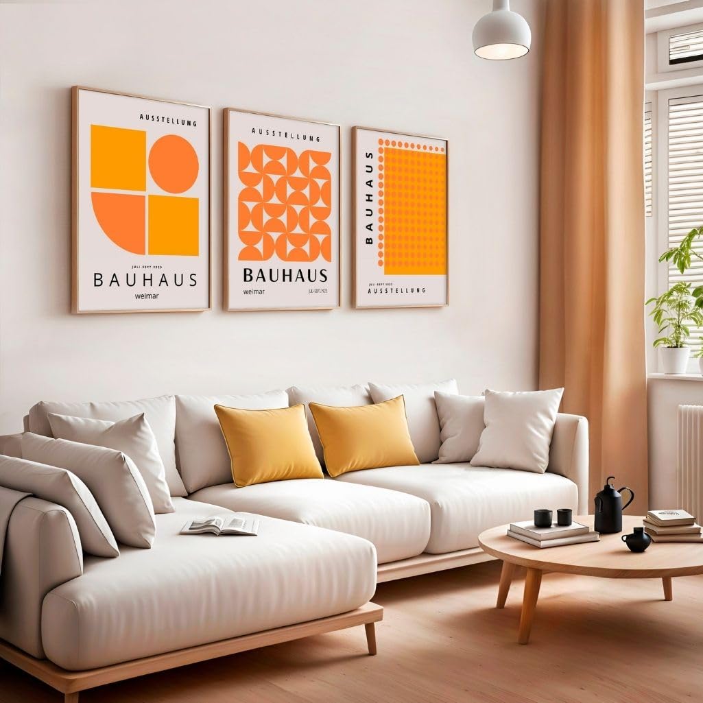 ARTINSPIRIO Bauhaus Wandbilder Set, 3-teilig, Orange und Gelb, Geometrisches Design, Ausstellung Weimar, Ohne Rahmen (A2)