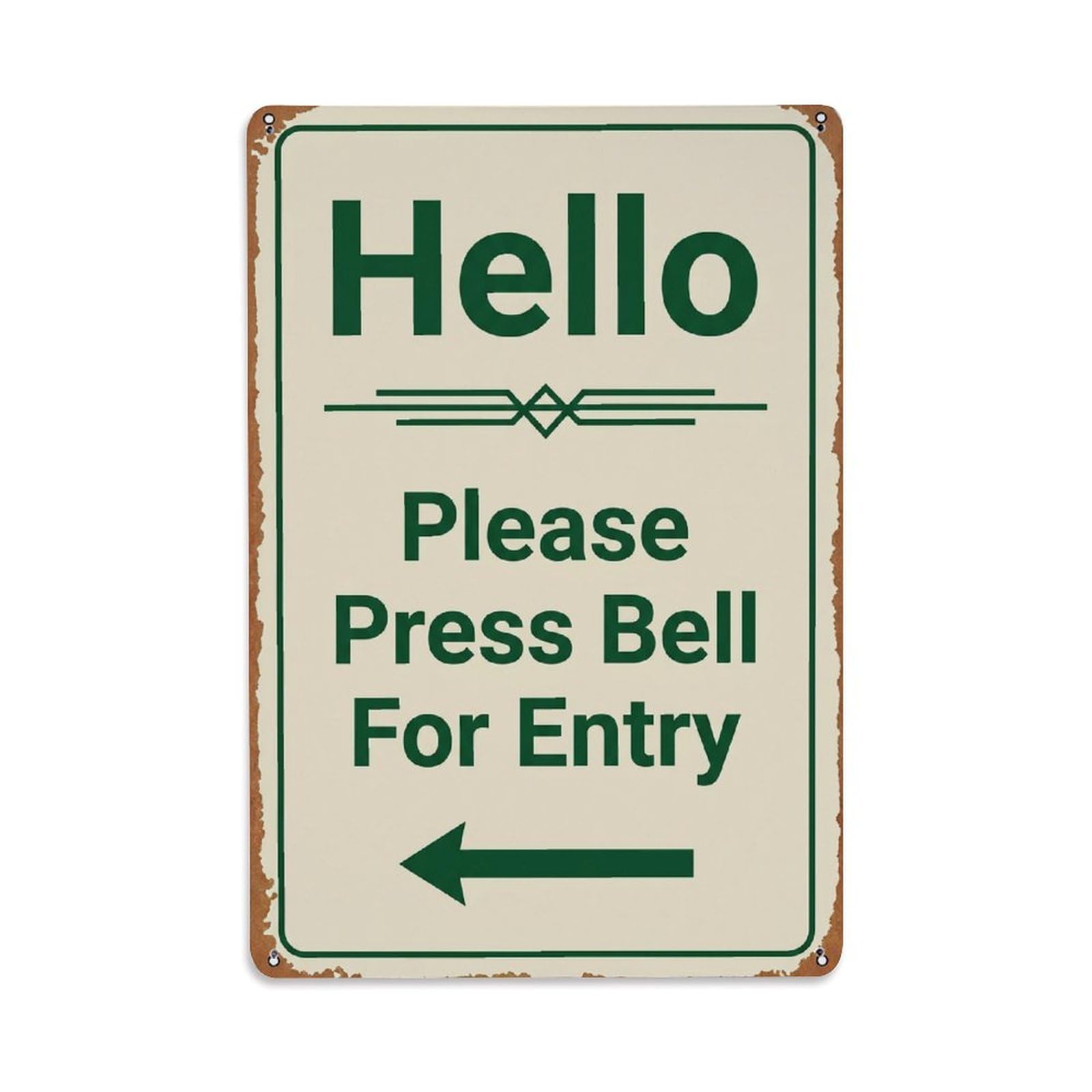Metal Tin Sign Vintage Hello Please Press Bell For Entry Arrow Geometric