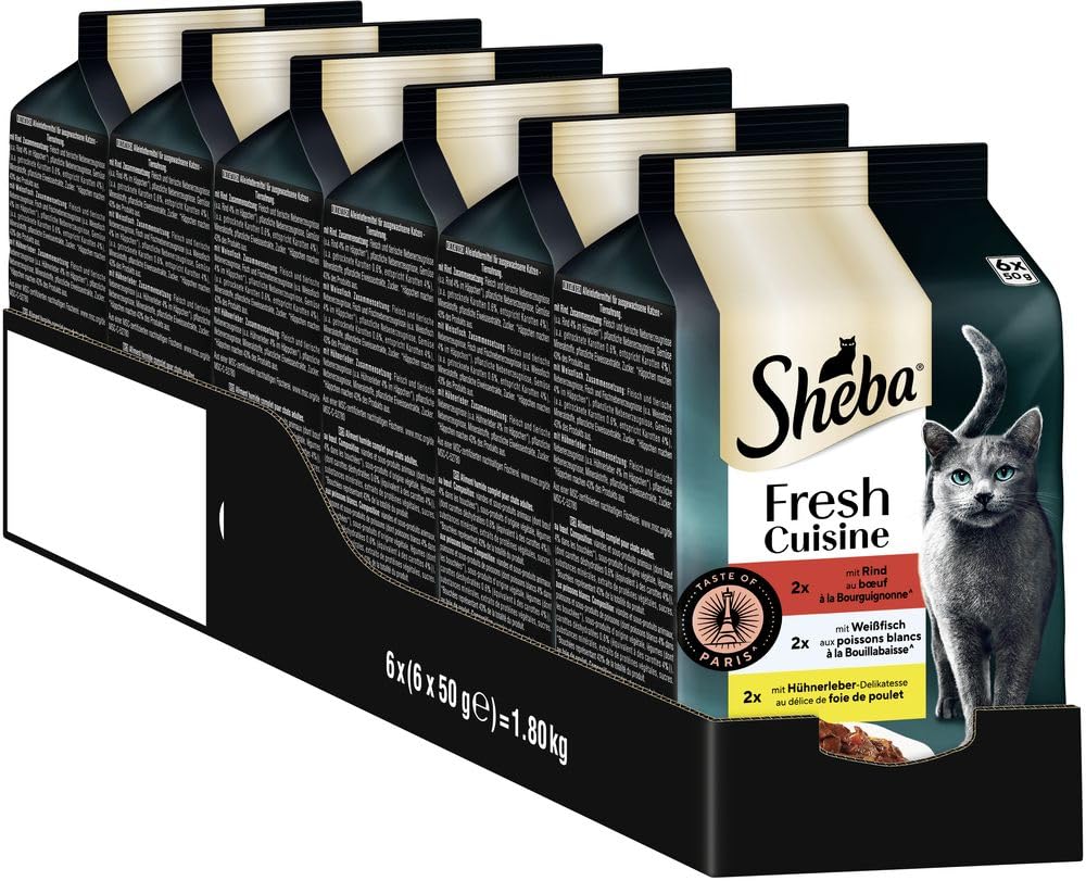 Sheba Portionsbeutel Katzennassfutter Multipack Fresh Cuisine Taste of Paris mit Rind und Weißfisch MSC, 6x6x50g - Gourmet-Katzenfutter mit Rind und Weißfisch
